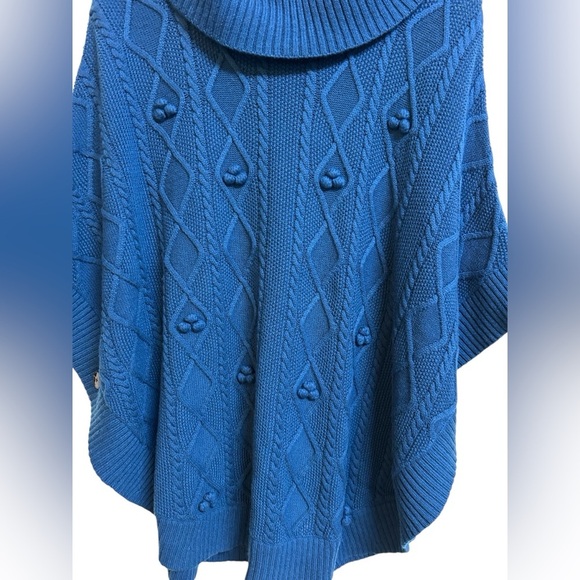 Talbots Wool Poncho Sweater Cape Pullover Cable Womens Blue Chunky Boho Size L - Picture 3 of 7